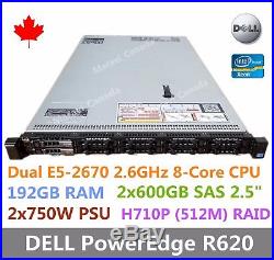 DELL PowerEdge R620 Server 2x E5-2670 8 Core CPU 192GB RAM 2x 600GB SAS H710P
