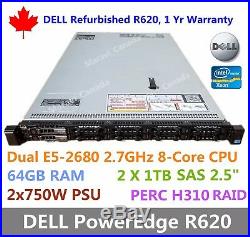 DELL PowerEdge R620 Server 2x E5-2680 8 Core CPU 64GB RAM 2x 1TB SAS H310 Raid