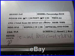 Dell PowerEdge R610 1U Server 2x Xeon E5520 2.26GHz 16GB Boots with RAID Card